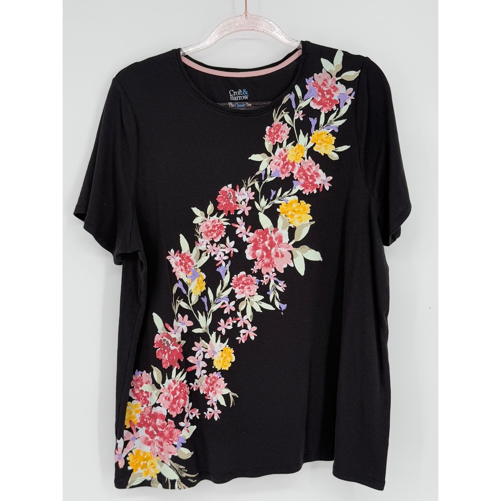 Croft & Barrow Black Floral Embroidered Classic Tee Women's Plus‎ Size 1X